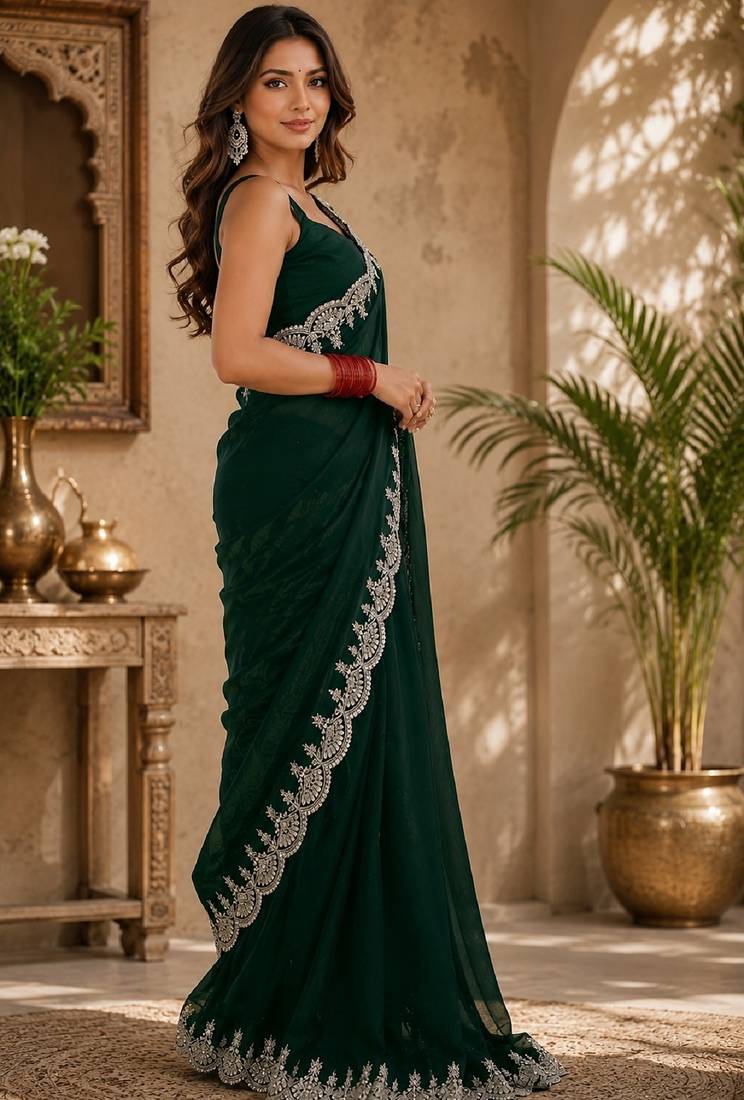 Green soft shimmer chiffon embroidery saree with unstitched blouse piece