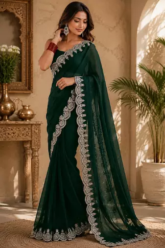 Green soft shimmer chiffon embroidery saree with unstitched blouse piece