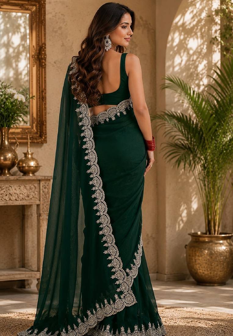 Green soft shimmer chiffon embroidery saree with unstitched blouse piece