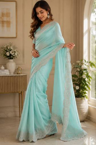 Sky blue soft shimmer chiffon embroidery saree with unstitched blouse piece