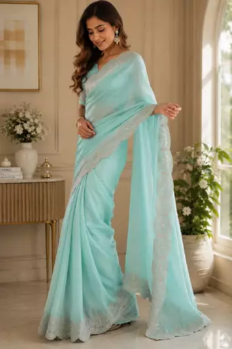 Sky blue soft shimmer chiffon embroidery saree with unstitched blouse piece