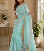Sky blue soft shimmer chiffon embroidery saree with unstitched blouse piece
