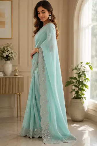 Sky blue soft shimmer chiffon embroidery saree with unstitched blouse piece