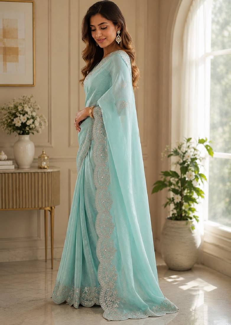 Sky blue soft shimmer chiffon embroidery saree with unstitched blouse piece