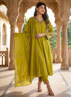 Olive green embroidered straight suit set with dupatta 2