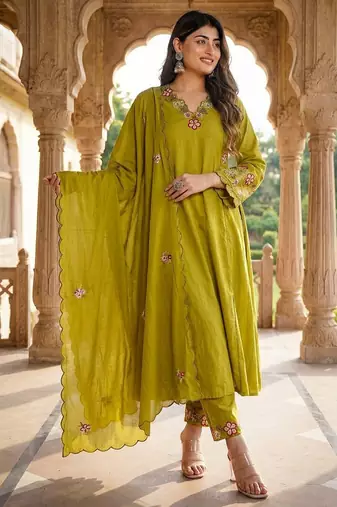 Olive green embroidered straight suit set with dupatta