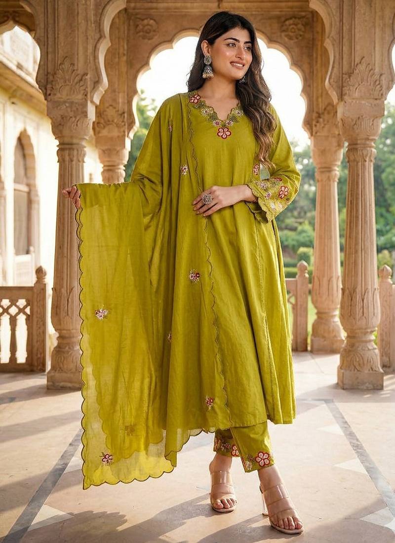 Olive green embroidered straight suit set with dupatta