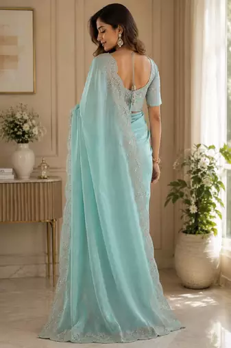 Sky blue soft shimmer chiffon embroidery saree with unstitched blouse piece