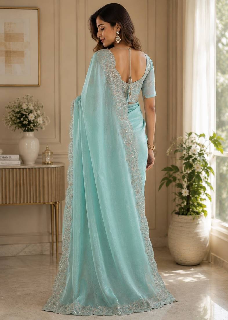 Sky blue soft shimmer chiffon embroidery saree with unstitched blouse piece
