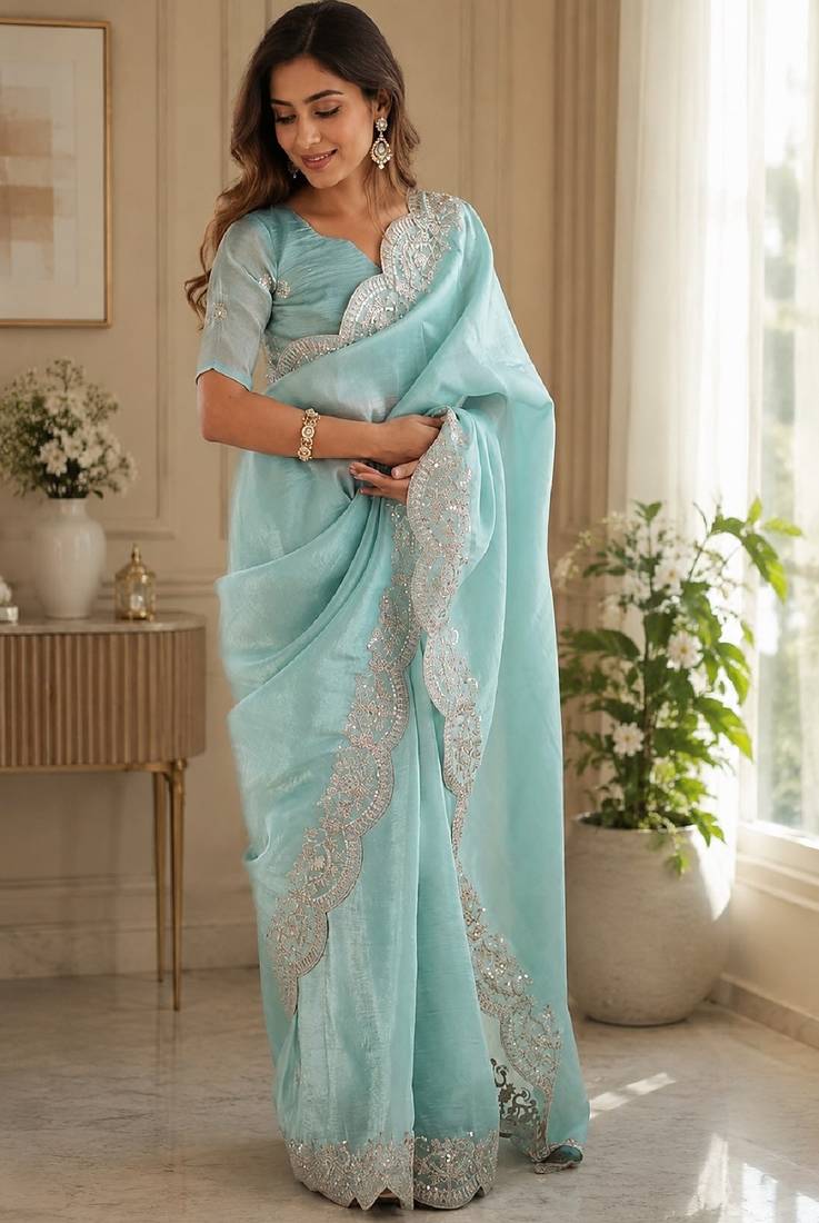 Sky blue soft shimmer chiffon embroidery saree with unstitched blouse piece