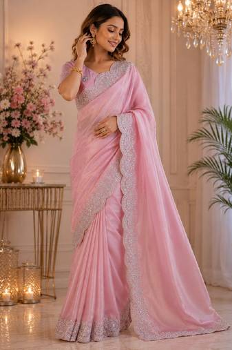 Baby pink soft shimmer chiffon embroidery saree with unstitched blouse piece