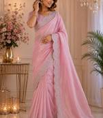 Baby pink soft shimmer chiffon embroidery saree with unstitched blouse piece