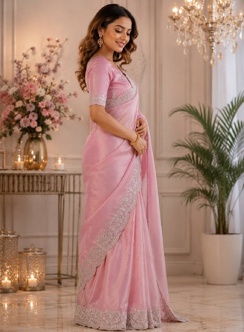 Baby pink soft shimmer chiffon embroidery saree with unstitched blouse piece
