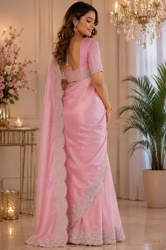 Baby pink soft shimmer chiffon embroidery saree with unstitched blouse piece