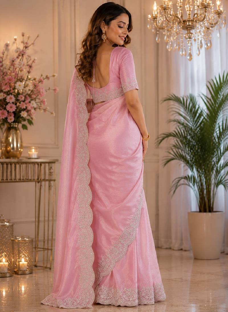 Baby pink soft shimmer chiffon embroidery saree with unstitched blouse piece