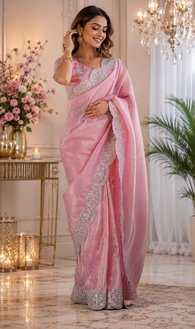 Baby pink soft shimmer chiffon embroidery saree with unstitched blouse piece