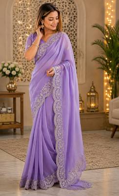 Lavender soft shimmer chiffon embroidery saree with unstitched blouse piece 1