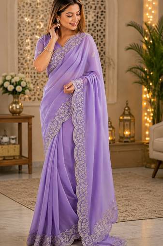 Lavender soft shimmer chiffon embroidery saree with unstitched blouse piece