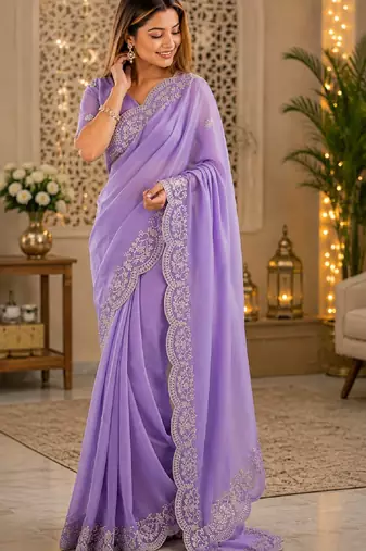 Lavender soft shimmer chiffon embroidery saree with unstitched blouse piece