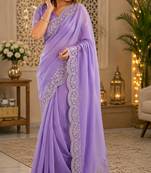 Lavender soft shimmer chiffon embroidery saree with unstitched blouse piece