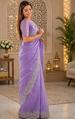 Lavender soft shimmer chiffon embroidery saree with unstitched blouse piece 2
