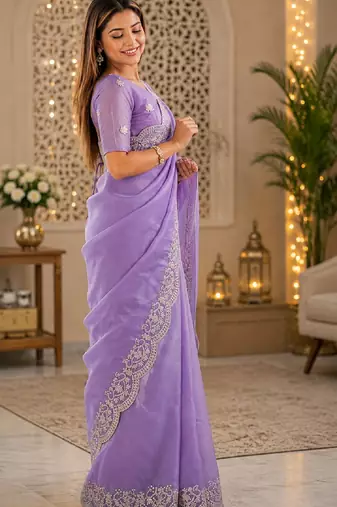 Lavender soft shimmer chiffon embroidery saree with unstitched blouse piece