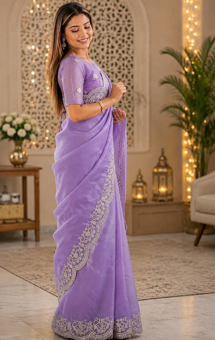 Lavender soft shimmer chiffon embroidery saree with unstitched blouse piece