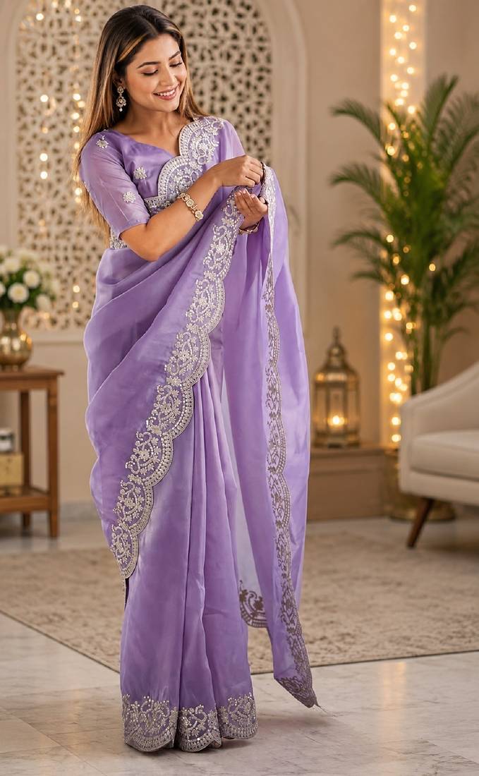 Lavender soft shimmer chiffon embroidery saree with unstitched blouse piece