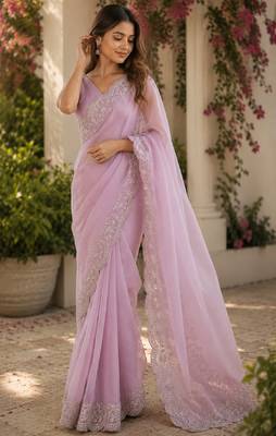 Dusty lavender soft shimmer chiffon embroidery saree with unstitched blouse piece 1