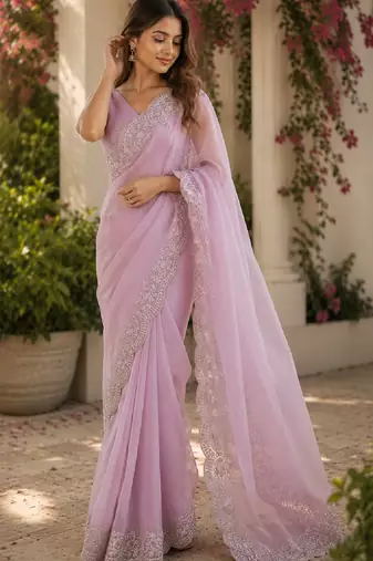 Dusty lavender soft shimmer chiffon embroidery saree with unstitched blouse piece