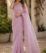 Dusty lavender soft shimmer chiffon embroidery saree with unstitched blouse piece