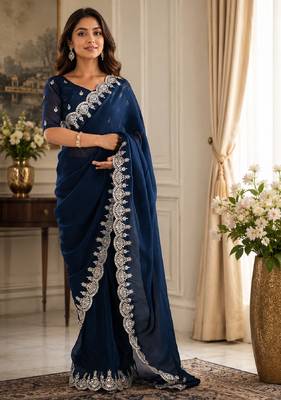 Blue soft shimmer chiffon embroidery saree with unstitched blouse piece 1