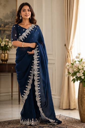 Blue soft shimmer chiffon embroidery saree with unstitched blouse piece