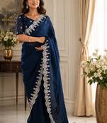 Blue soft shimmer chiffon embroidery saree with unstitched blouse piece