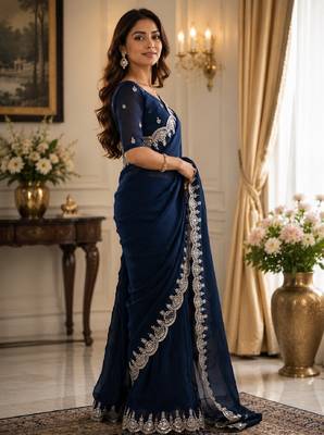 Blue soft shimmer chiffon embroidery saree with unstitched blouse piece 2