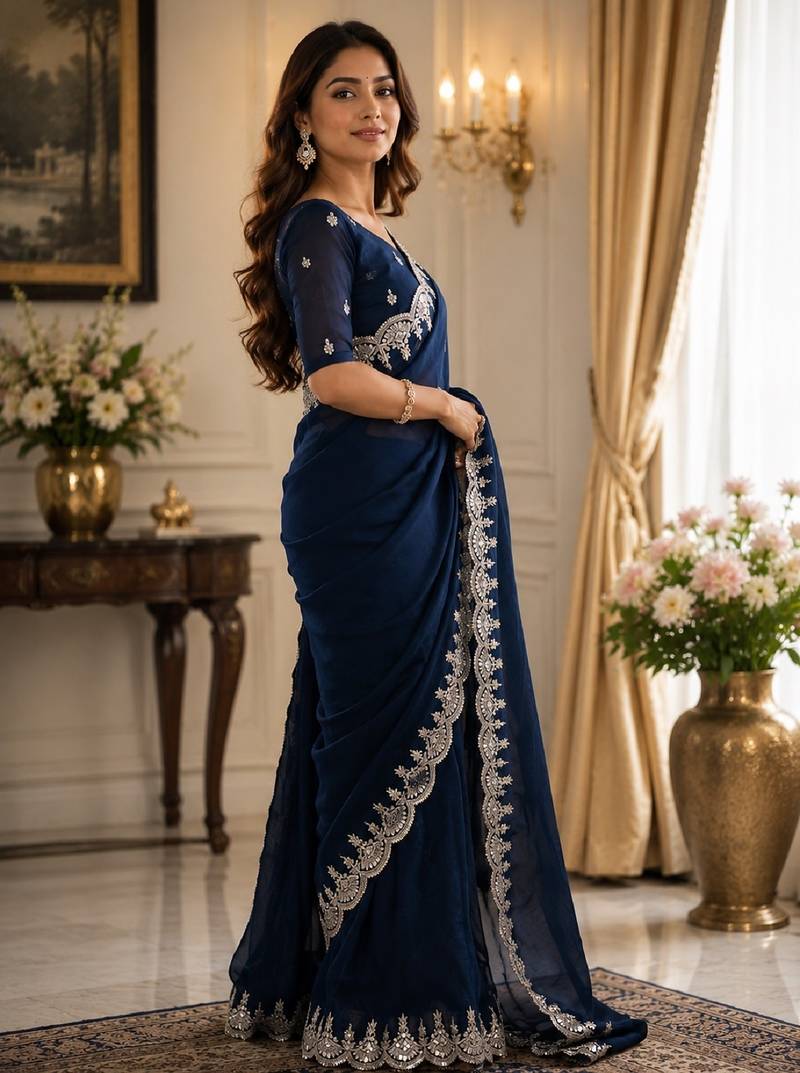 Blue soft shimmer chiffon embroidery saree with unstitched blouse piece