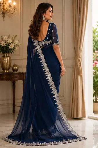 Blue soft shimmer chiffon embroidery saree with unstitched blouse piece