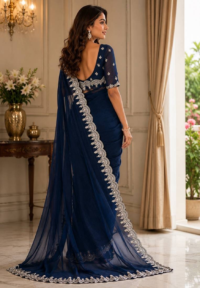 Blue soft shimmer chiffon embroidery saree with unstitched blouse piece
