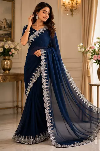 Blue soft shimmer chiffon embroidery saree with unstitched blouse piece