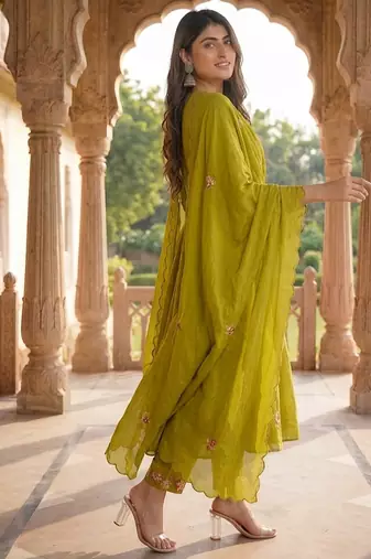 Olive green embroidered straight suit set with dupatta