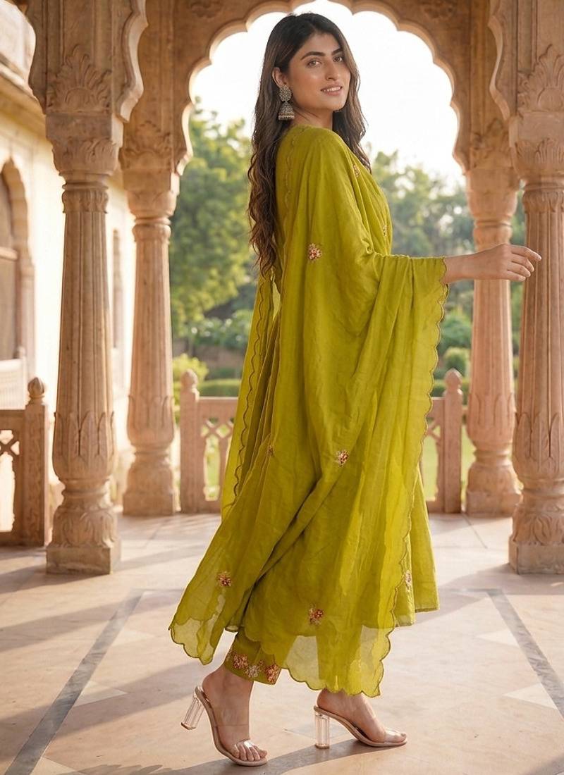 Olive green embroidered straight suit set with dupatta