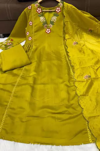 Olive green embroidered straight suit set with dupatta