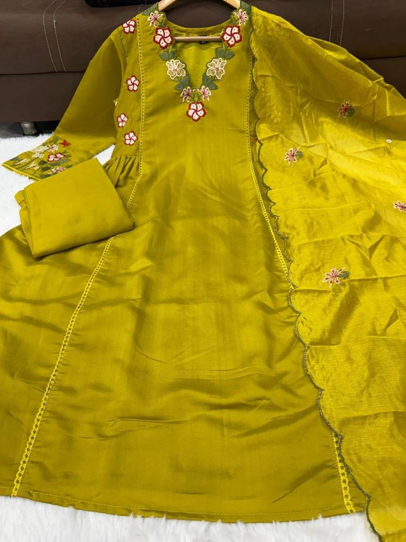 Olive green embroidered straight suit set with dupatta