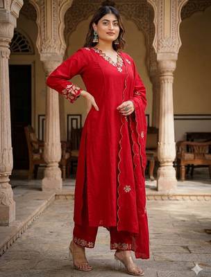 Designer red ethnic suit set with floral hand-embroidered borders dupatta 1