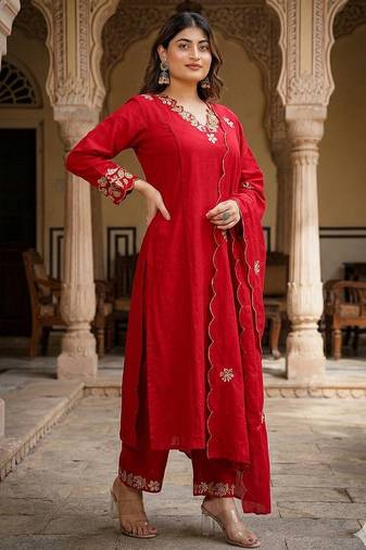 Designer red ethnic suit set with floral hand-embroidered borders  dupatta