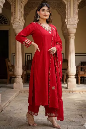 Designer red ethnic suit set with floral hand-embroidered borders  dupatta