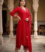 Designer red ethnic suit set with floral hand-embroidered borders  dupatta