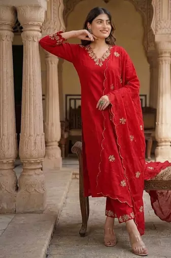 Designer red ethnic suit set with floral hand-embroidered borders dupatta