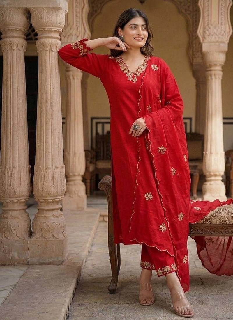 Designer red ethnic suit set with floral hand-embroidered borders  dupatta