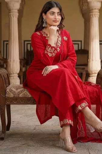 Designer red ethnic suit set with floral hand-embroidered borders dupatta